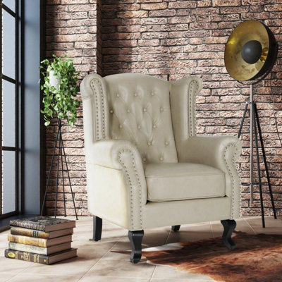Faux Leather Wingback Armchair Button Back Stud Detail Wooden Legs Fireside Chair from B&Q