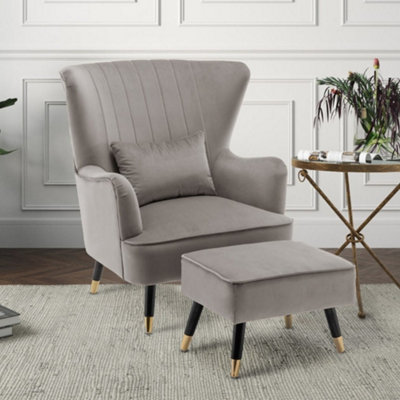 Velvet Light Grey Accent Wingback Chair With Footstool from B&Q
