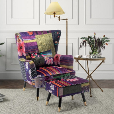 Fabric Patchwork Accent Wingback Chair With Footstool from B&Q