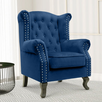  - Velvet Wingback Fireside Chair Armchair With Buttons Blue
