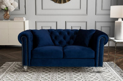 Chesterfield Sofa With Acrylic Feet In Navy Blue Velvet 2 Seater Sofa