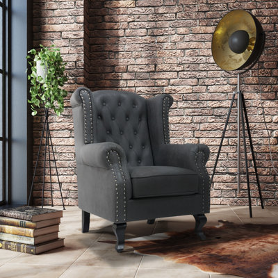 Faux Leather Suede Grey Balmoral Wing Back Chair With Buttons from B&Q