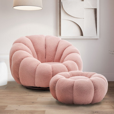 Teddy Boucle Fabric Pink Swivel Accent Chair With Footstool from B&Q