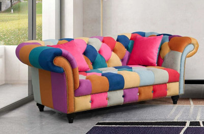 Multicoloured Velvet Patchwork 2 Seater Scroll Arm Chesterfield Sofa from B&Q