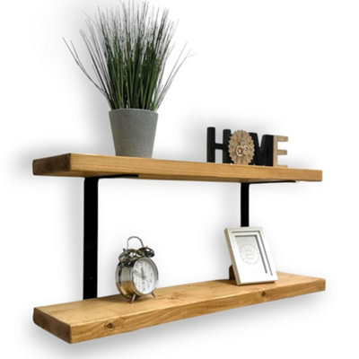MKGT 60Cm Double Rustic Wooden Shelves Wall-Mounted Shelf With Seated Double Black L Brackets (Rustic Pine) from B&Q