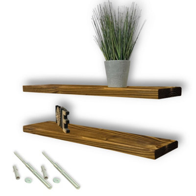 MKGT Set Of 2 Rustic Wooden Floating Shelves With Hidden Brackets (Tudor Oak50Cm (0.5M) from B&Q