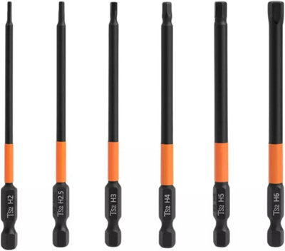 OKODOKO 6Pcs Magnetic Allen Key Drill Bit Set H2/h2.5/h3/h4/h5/h6 1/4" Hex Shank S2 Steel Impact Hex Screwdriver Bits 100mm from B&Q