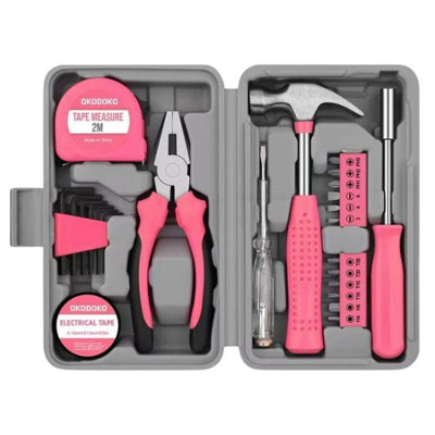 B&Q -  24Pc Pink Tool Kit For Women Mini Diy Household Toolbox Set With Essential Starter Hand Tools
