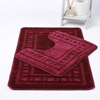 - Diem Bath Mat 2 Piece Set Non-Slip Pedestal And Bath Mat Toilet Bathroom RugWine Red