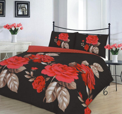 B&Q -  Kampala Hill Isabella Black Red Duvet Cover Set Floral Themed Super King Bedding Set