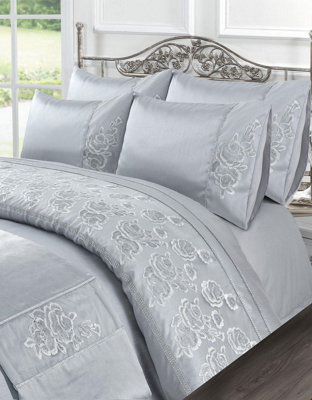 Homespace Direct Ltd Kampala Hill Amara Embroidered Silver Duvet Cover Set With Pillowcases Double Bedding Set from B&Q