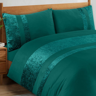 Casabella Luxury Crushed Velvet Panel Band Duvet Cover Sets With Pillow Case Double Duvet Cover Bedding Set Jade from B&Q