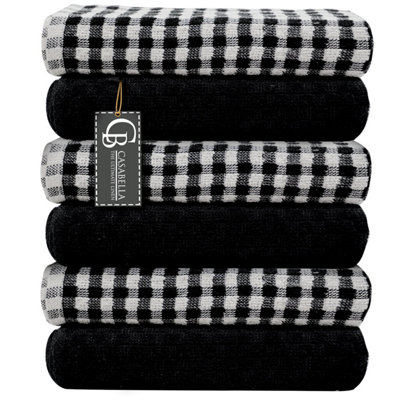 Casabella Pack Of 6 Cotton Kitchen Tea Towels, Soft Kitchen Tea Towels Set, Highly Absorbent Dish Towels Black
