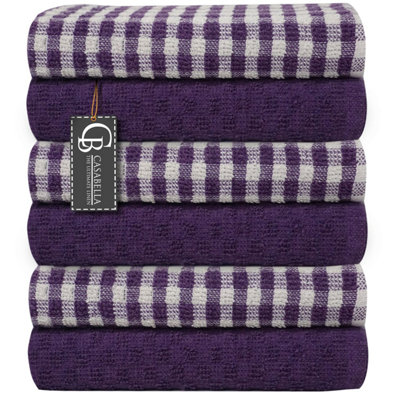 Casabella Pack Of 6 Cotton Kitchen Tea Towels, Soft Kitchen Tea Towels Set, Highly Absorbent Dish Towels Purple