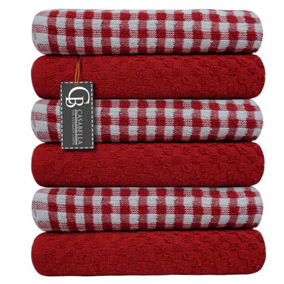 Casabella Pack Of 6 Cotton Kitchen Tea Towels, Soft Kitchen Tea Towels Set, Highly Absorbent Dish Towels Red