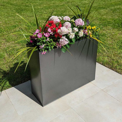 Woven Wood 90Cm Long Zinc Silver & Black Textured 60Cm Tall Trough Planter from B&Q
