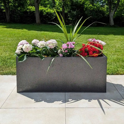 Woven Wood 100Cm Zinc Silver & Black Textured Trough Planter from B&Q