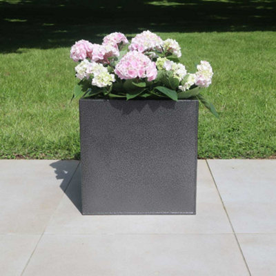 B&Q -  50Cm Zinc Silver & Black Textured Square Planter