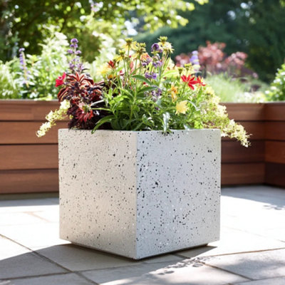 Woven Wood 30Cm Zinc Galvanised Whitestone Effect Square Planter from B&Q