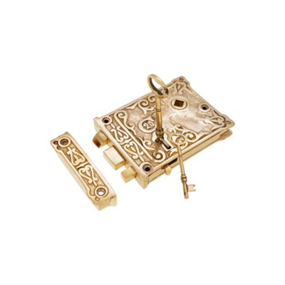 B&Q -  Brass Floral Rim Lock Polished Brass Unlacquered