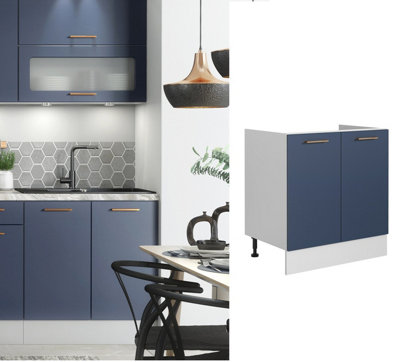 B&Q -  Kitchen Sink Base Cabinet 800mm Dark Navy Blue Small Under Sink Cupboard 2 Door Nora