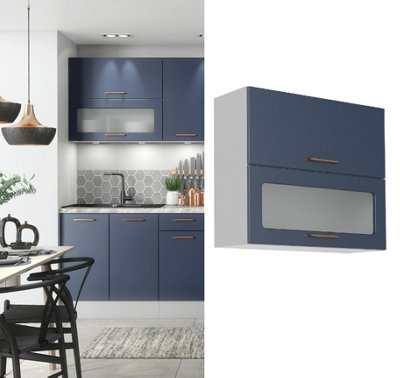 B&Q -  Kitchen Cabinet Glass Doors Glass Lift Up Wall Unit Complete 800mm Display Cupboard Navy Dark Blue Glazed Nora
