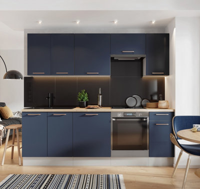 B&Q -  Kitchen Cabinets Set Complete 7 Cupboards Dark Navy Blue 240Cm Diy Fitted Units Nora
