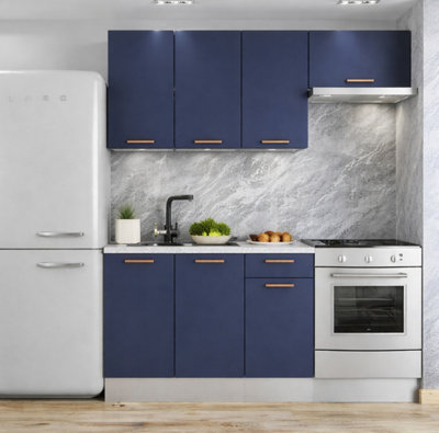 B&Q -  Kitchen Cabinets Complete Set 5 Unit Dark Navy Blue Cupboards Small Fitted Diy 180Cm Kitchenette Flat Packed Nora