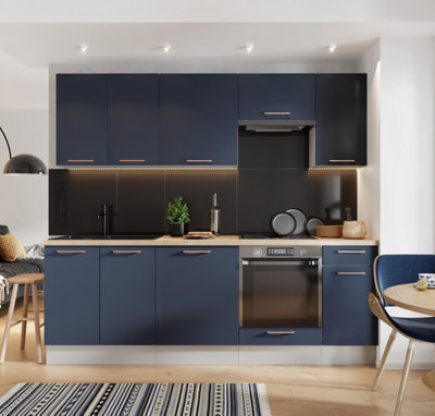 B&Q -  Kitchen Cabinets Complete Set 8 Units With Oven Housing 240Cm Dark Navy Blue Cupboard Fitted Diy Nora