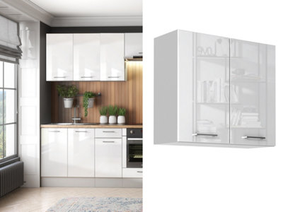 B&Q -  Kitchen Wall Cabinet 800mm Unit Modern White Gloss Cupboard Soft Close Storage Slab Doors Ella