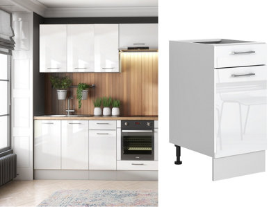 B&Q -  Kitchen Drawer Unit 400mm Base Cabinet White Gloss Cupboard Modern Narrow Slimline Flat Pack Storage Ella