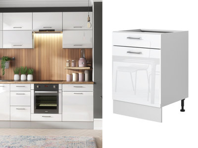 B&Q -  Kitchen Drawer Unit 600mm White Gloss Cabinet Storage Base Cupboard Freestanding Modern Flat Pack Ella