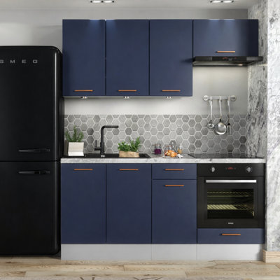 B&Q -  Kitchen Cabinets Set Complete 6 Units Dark Navy Blue Cupboards Diy 180Cm Fitted Kitchenette Nora