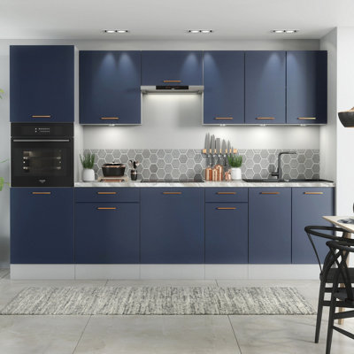 B&Q -  Kitchen Cabinets Set Complete 9 Units Dark Navy Blue Cupboards With Tall Oven Housing 300Cm Fitted Diy Package Nora