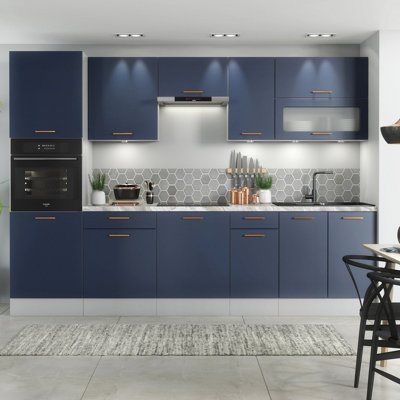 B&Q -  Kitchen Cabinets Set Complete 9 Units Tall Oven Housing Glass Display Dark Navy Blue Cupboards 300Cm Fitted Diy Nora