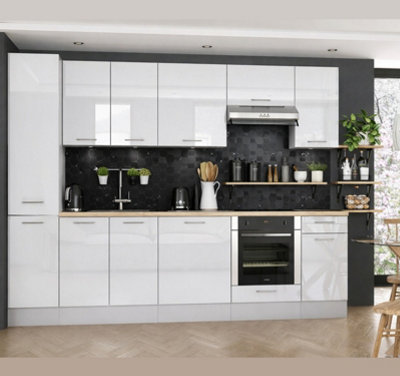 B&Q -  Kitchen Cabinets Set 9 Unit 280Cm Package With Tall Slim Larder And Oven Housing Modern White Gloss Cupboards Ella