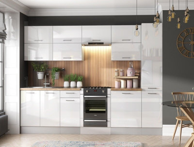 B&Q -  White Gloss Kitchen Cabinets Set 11 Units Modern Slim Larder Storage Soft Close Base Wall 280Cm Ella