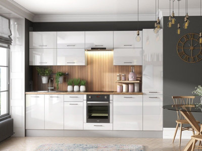 B&Q -  Kitchen Cabinets Set 12 Units Tall Larder Modern Pantry Storage White Gloss Base Wall 280Cm Ella