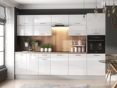 B&Q -  Kitchen Cabinets Set 12 Unit Tall Oven Housing Soft Close Modern White Gloss Storage 300Cm Ella