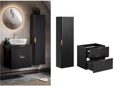 B&Q -  Bathroom Vanity Unit 600mm Drawer And Tall Cabinet Tallboy Furniture Set Black Modern Wall Hung Ribbed Fluted Adel