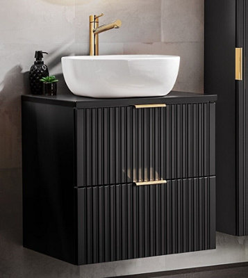 B&Q -  Wall Hung Vanity Unit With Basin 600mm Worktop Black Bathroom Drawers Cabinet Ribbed Fluted Floating Adel