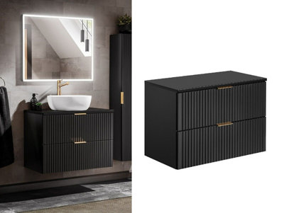 B&Q -  Bathroom Vanity Unit Black Wall Hung  800mm Cabinet With Worktop Countertop Ribbed Fluted Drawer Adel