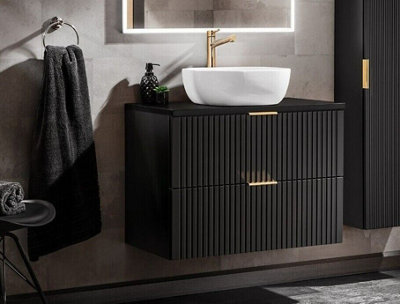 B&Q -  Vanity Wall Hung Unit With Basin 800mm Black Countertop Worktop Bathroom Drawer Cabinet Ribbed Fluted Adel