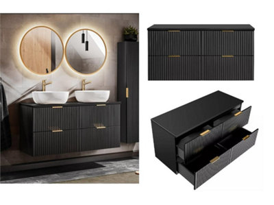 B&Q -  Bathroom Double Vanity Unit 1200mm Countertop Wall Hung Drawer Cabinet Ribbed Black Modern Fluted Adel
