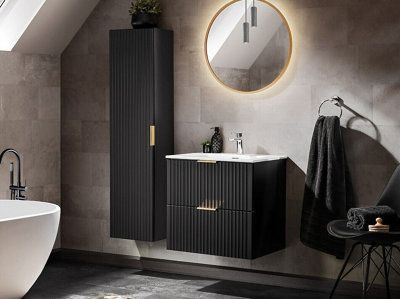 B&Q -  Bathroom Furniture Set Wall Hung Black 600mm Vanity Unit With Sink Basin And Tallboy Cabinet Ribbed Modern Adel