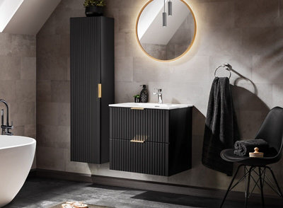 B&Q -  Bathroom Furniture Set 800mm Vanity Sink Unit With Drawers And Wall Hung Tallboy Cabinet Black Ribbed Fluted Adel