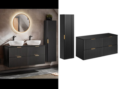 B&Q -  Bathroom Cabinets Set Black Wall Hung Double Vanity Unit With Countertop 1200mm Drawers And Tallboy Ribbed Fluted Adel