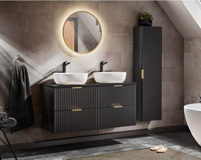B&Q -  Black Bathroom Cabinets Furniture Set Double Sink Vanity Unit Wall Hung 1200mm Worktop And Tallboy Ribbed Fluted Adel