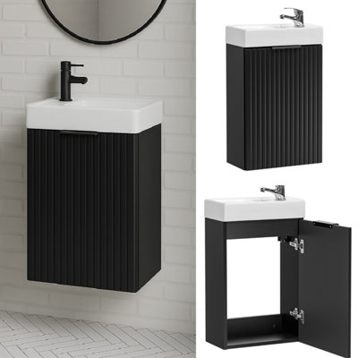 Impact Furniture Cloakroom Vanity Unit With Small Sink Slimline Black Wall Hung Fluted 400mm Narrow Bathroom Cabinet Adel from B&Q