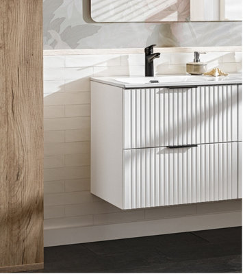 B&Q -  Bathroom Vanity Unit With Sink Basin 600mm Ribbed Fluted White Modern Wall Hung Cabinet With Drawers Adel